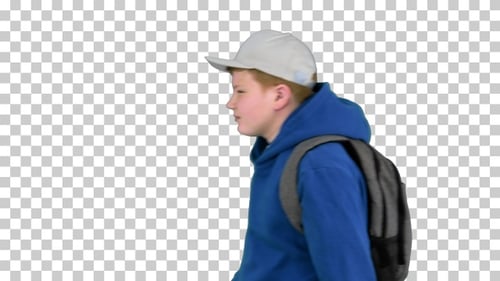 Schoolboy with backpack walking by, Alpha Channel