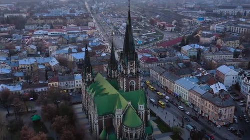 Aerial View of the Historical Center of Lviv Near Church of Saints Olga and Elizabeth