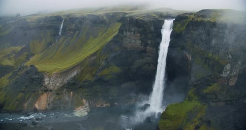 Dramatic Landscape of Haifoss Waterfall in Landmannalaugar Canyon Iceland