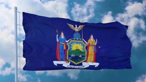 New York State Flag Waving in Realistic Blue Sky