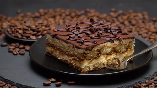 Rich Tiramisu with Coffee Beans on Display