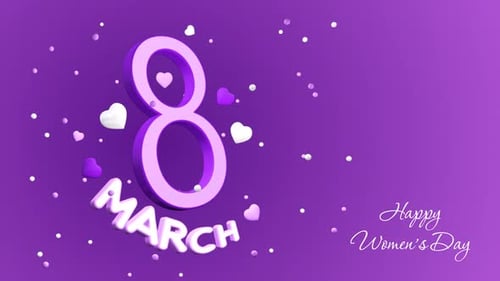 A Happy Women's Day animation with 3D text and hearts on a seamless loop