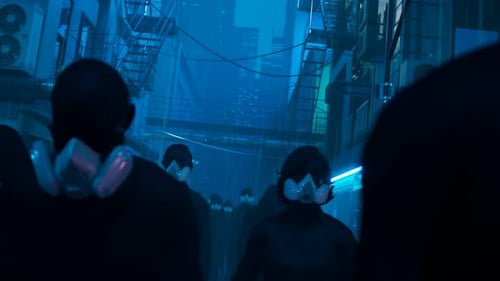 People wearing protective masks walking in the night along a rainy city street.