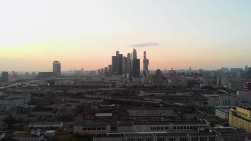 A Sunset Aerial Shot of Skyscrapers of Moscow International Business Center, Moscow-city. Moscow