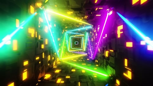 Flying in a tunnel with flashing multicolored fluorescent lights.