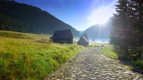 Sentier de montagne entre chalets dans la vallée de Chocholowska, montagnes des Tatras, Pologne