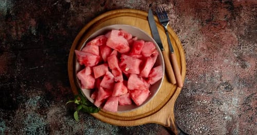 Overhead Shot of Fresh Watermelon Pieces in Bowl