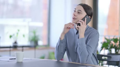 Young Woman Talking on Phone at Desk