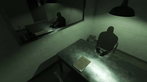 Animated Police Interrogation Room with Silhouetted Suspect