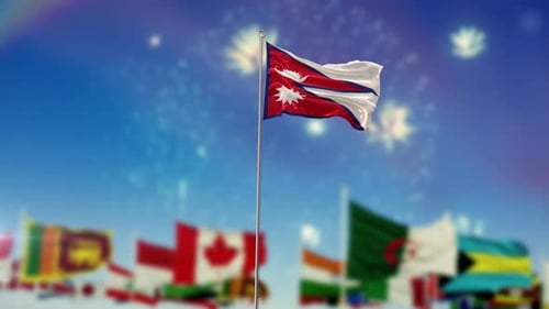 Nepal Flag With World Globe Flags And Fireworks