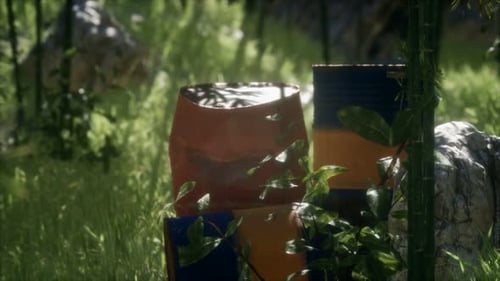 Rusty Barrels in Green Forest