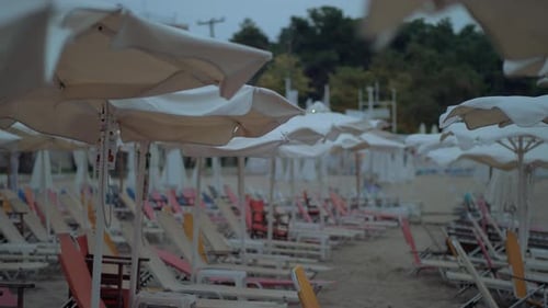 Empty Sunbeds Under Umbrellas on Resort in Windy Evening