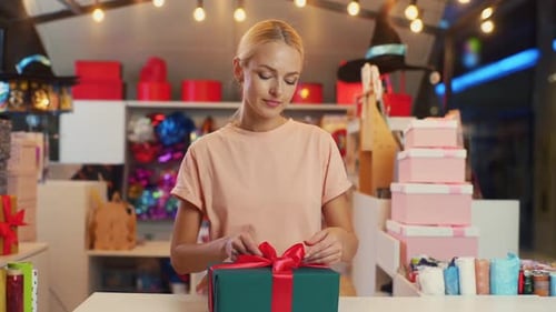 Front View of Young Woman Designer Wrapping Christmas Gift Box Tying Red Ribbon and Decorating