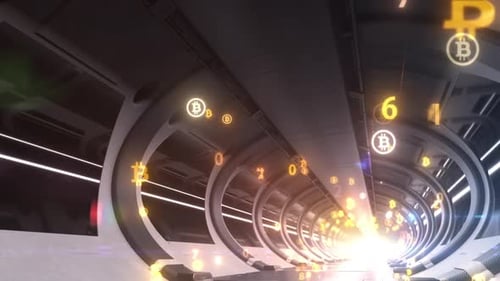 bitcoin cryptocurrency. long tunnel with servers for computing large amounts of data