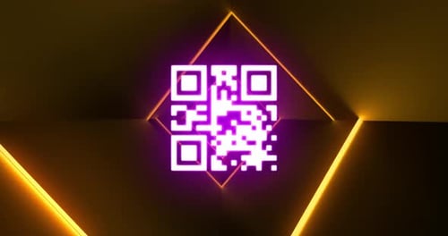 Flickering pink QR code with yellow neon lines.