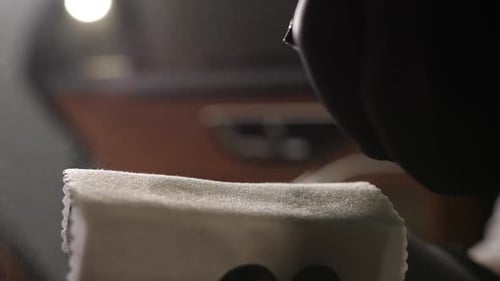 Spraying Mist onto a Microfiber Cleaning Cloth
