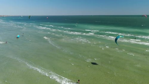 Aerial Footage Kite Surfers Gliding Sea Sunny Day Summer Sports
