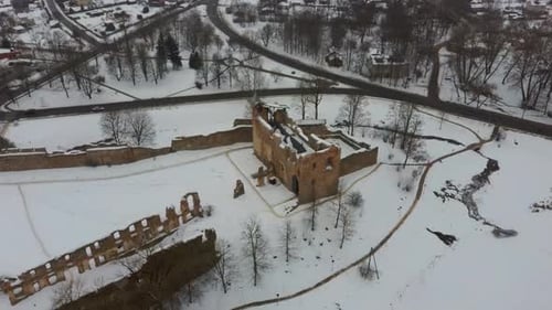 Ruins of Ancient Livonian Order's Stone Medieval Castle Latvia Aerial Drone Top Shot