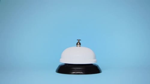 The Hand Presses Reception Call on a Blue Background