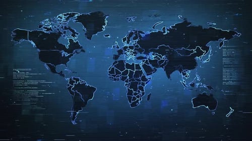 Futuristic Glitch World Map with Digital Data Overlay