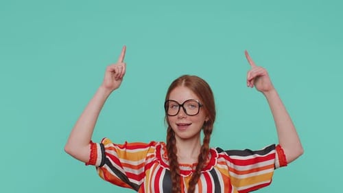 Girl Pointing Empty Place Advertising Area for Commercial Text Copy Space for Goods Promotion