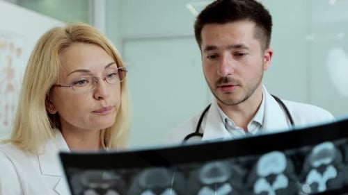 Doctors Examining X-Ray Image in Bright Office