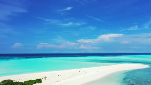 Aerial sky of tranquil bay beach holiday by blue ocean with white sandy background of a dayout in su