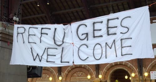 Handmade Banner Refugees Welcome