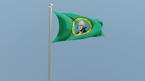 Washington State Flag Waving on Flagpole with Blue Sky