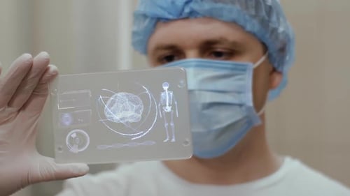 Futuristic Medical UI Holographic Display with Brain and Skeleton Data