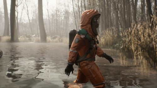 Person in Hazmat Suit Walking Through a Contaminated Swamp