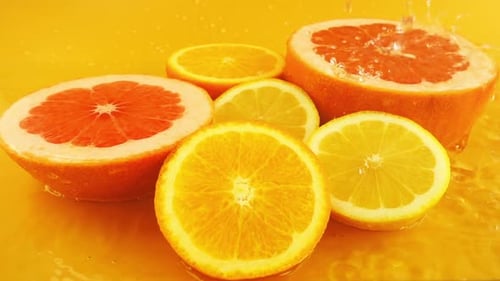 Slices of lemon, orange and grapefruit in a stream of water. Slow motion.