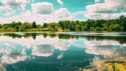 Tilt Hyperlapse Summer Cloudscape Sky Above Summer River Landscape Lake