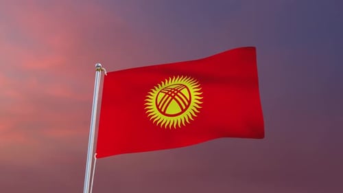 Kyrgyzstan Flag Waving Animation Against Sunset Sky
