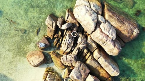 Aerial flying over tourism of perfect seashore beach journey by blue sea and white sandy background