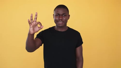 Young Adult Giving OK Hand Sign on Yellow Background