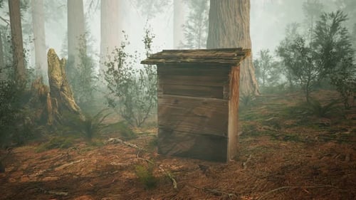 Old Wooden Beehive in Forest in Fog