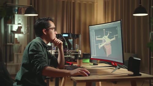 Asian Engineer Thinking While Work On Personal Computer And 3D Printer, Screen Shows Cad Software