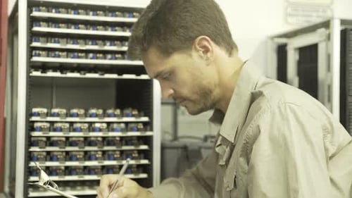 Elektroingenieur arbeitet, dreht sich um, um fröhlich in die Kamera zu lächeln