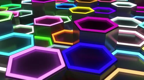 Polígonos hexagonais coloridos com copos iluminados por raios se movem para cima e para baixo