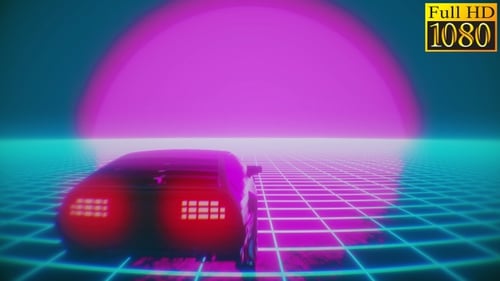 Synthwave Retro Car Drive on Glowing Grid Loop