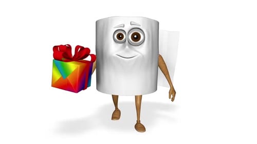 Animated Toilet Paper Roll Character Walks with Gift Box