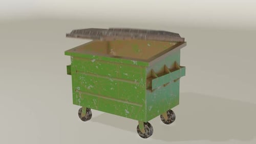 Animated Green Dumpster with Opening Lids and Rolling Movement