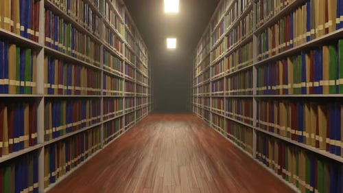 Move Between University Library Shelves with Lot of Books on Each Shelf