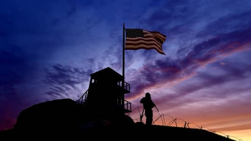 Dramatic American Flag Waving with Soldier Silhouette and Sunset Sky
