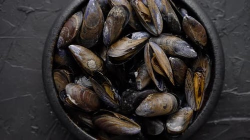Fresh and Raw Sea Mussels in Black Ceramic Bowl Placed on Dark Stone Background