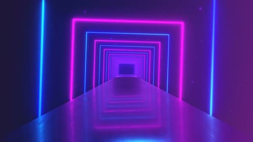 Flying Through Glowing Rotating Neon Squares Creating a Tunnel