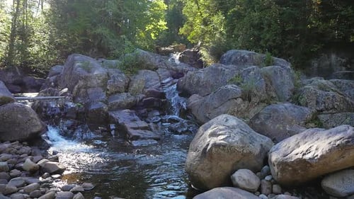 Weitblick zeigt den Wasserrausch flussabwärts zwischen großen Felsen