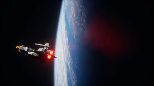 Futuristic Spaceship with Glowing Thrusters Flying Near Earth