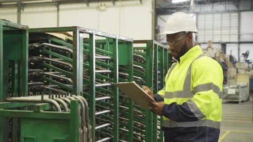 Portrait of Black African American man, an engineer or worker, with safety outfit checking quality